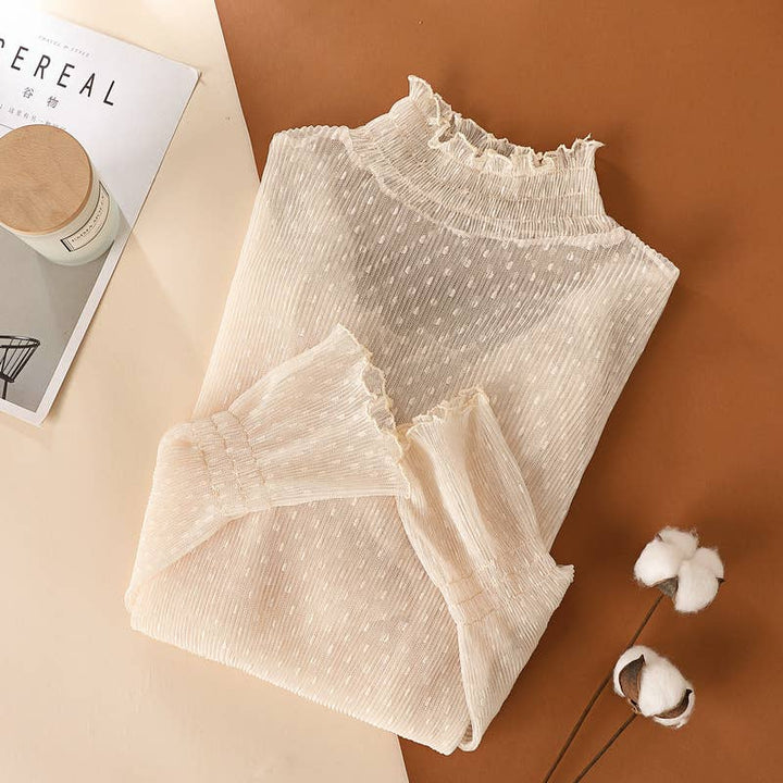 Polka Dots Ruffle high neck Sheer Mesh Top
