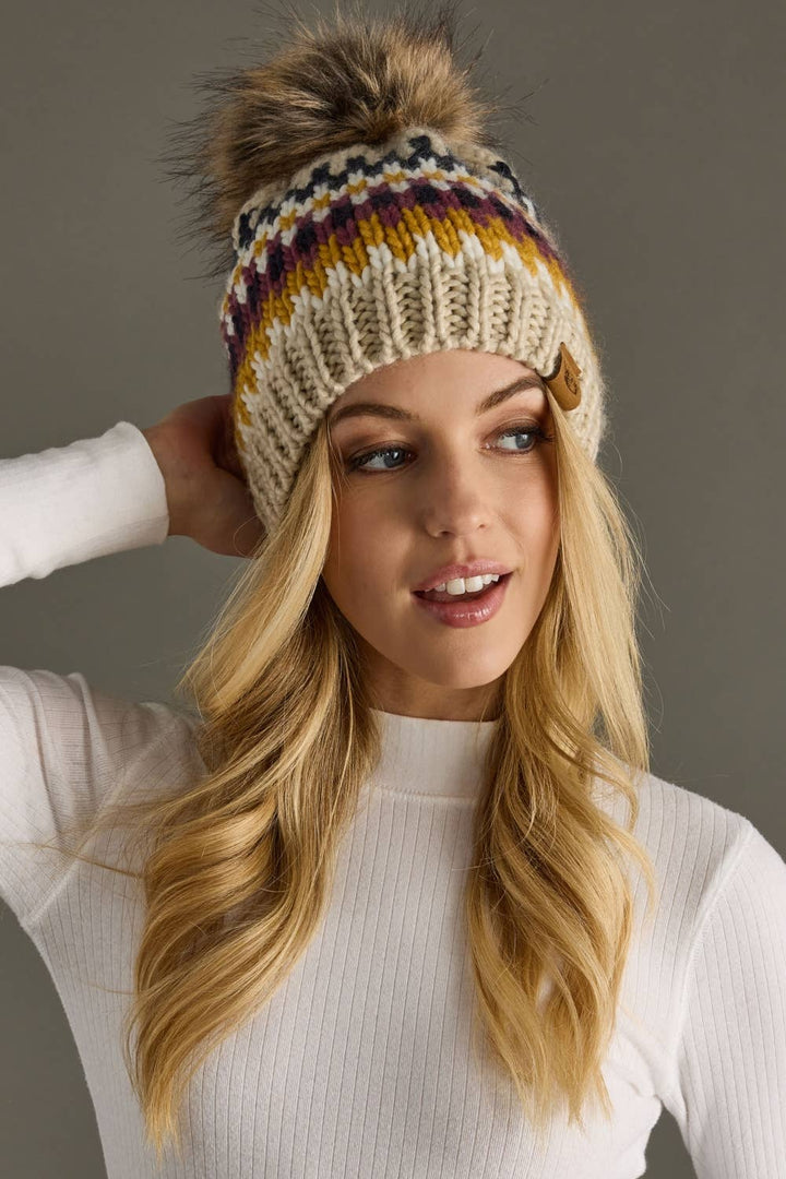Beige, Navy & Mustard  Pom Hat