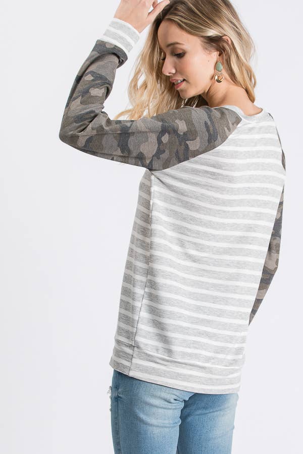 Stripe Camo Print Raglan Top