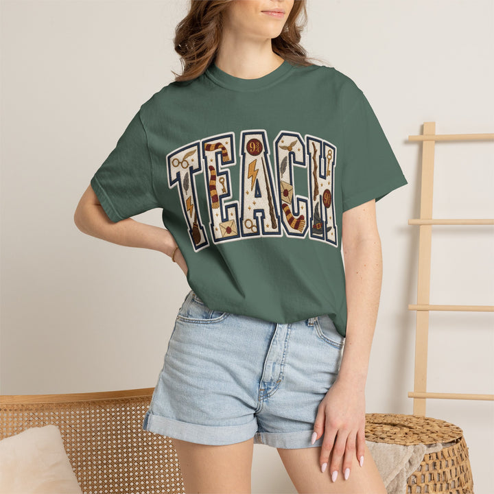 Teach Graphic T-Shirt — School-Themed Teacher Tee with Chalkboard Doodle Letters