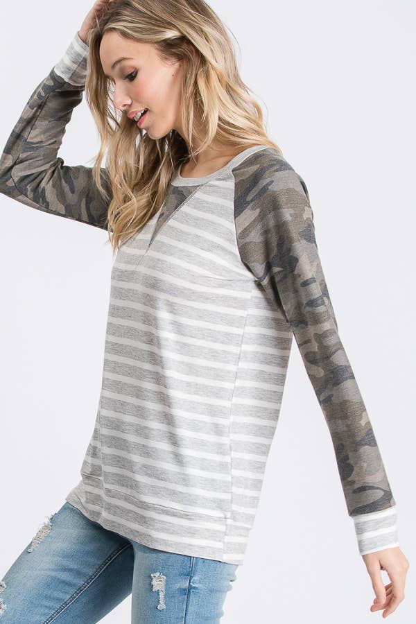 Stripe Camo Print Raglan Top