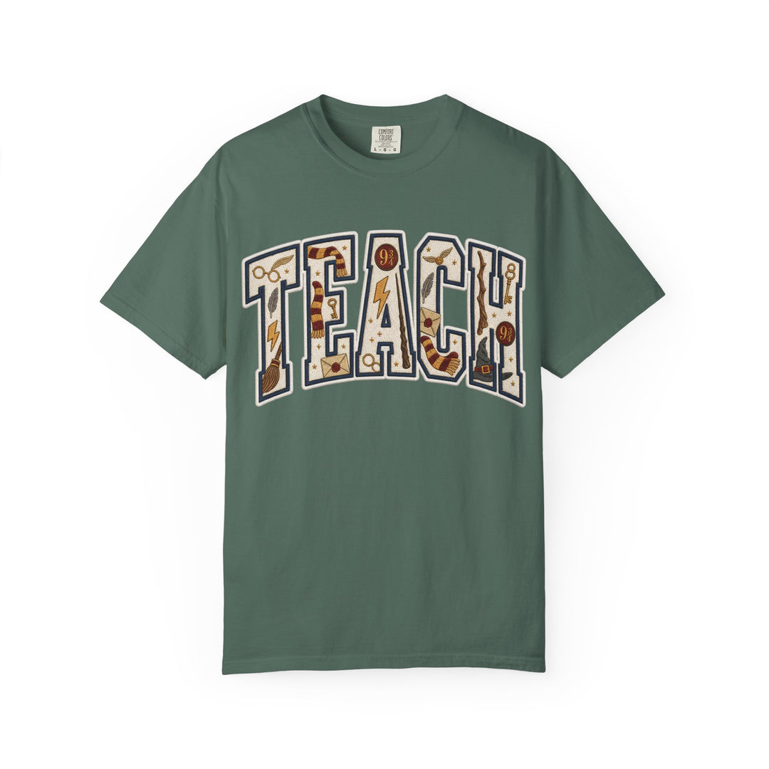 Teach Graphic T-Shirt — School-Themed Teacher Tee with Chalkboard Doodle Letters