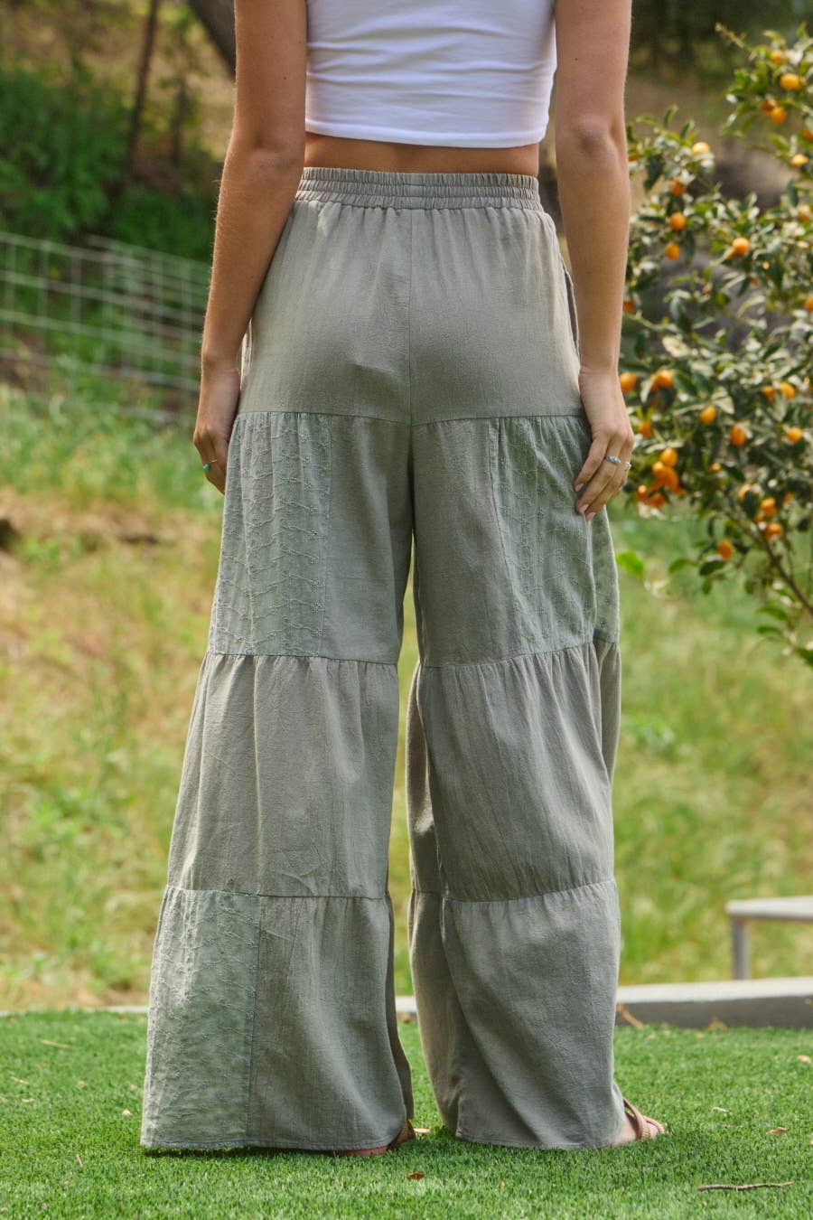 Plus Acid Wash Tired Mixed Fabric Palazzo Pants