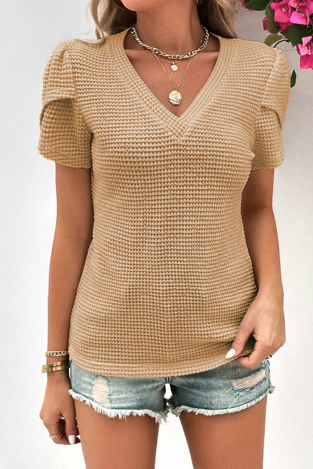 Camel V Neck Petal Sleeve Waffle Knit T-Shirt