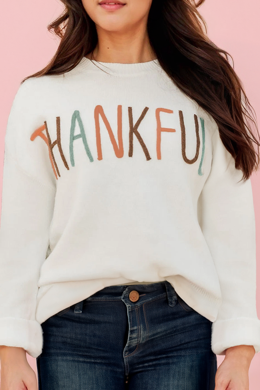 Plus Size Thankful Ivory Embroidered Knit Sweater (S-4X)