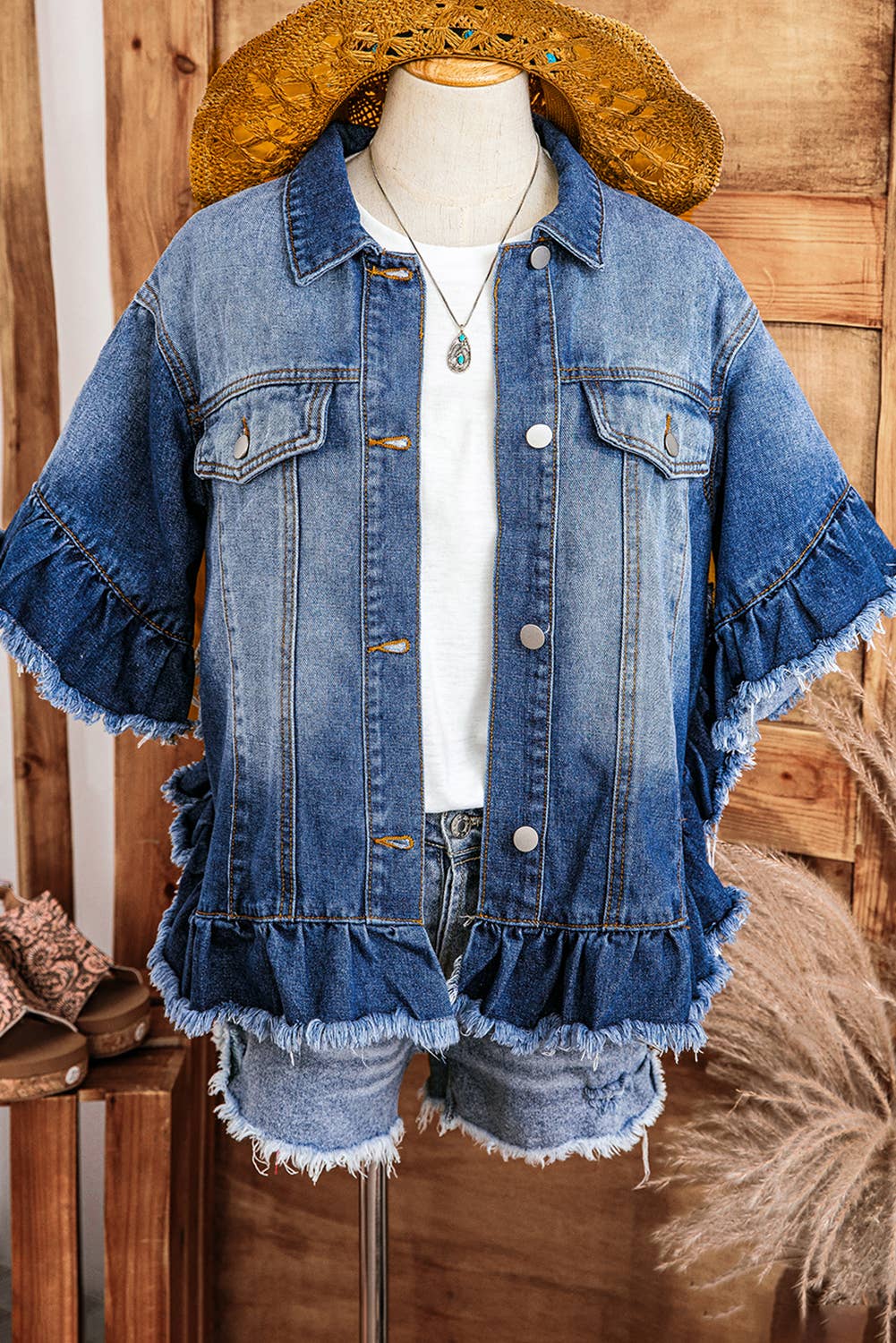 Western Fall Raw Edge Ruffle Short Sleeve Denim Jacket