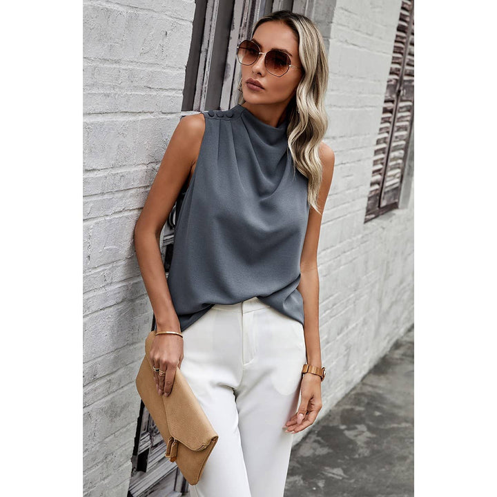 Button Trim Layered Collar Sleeveless Blouse
