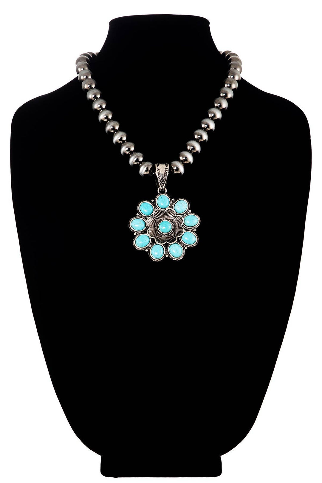 Western Turquoise Flower Metallic Pearl Necklace