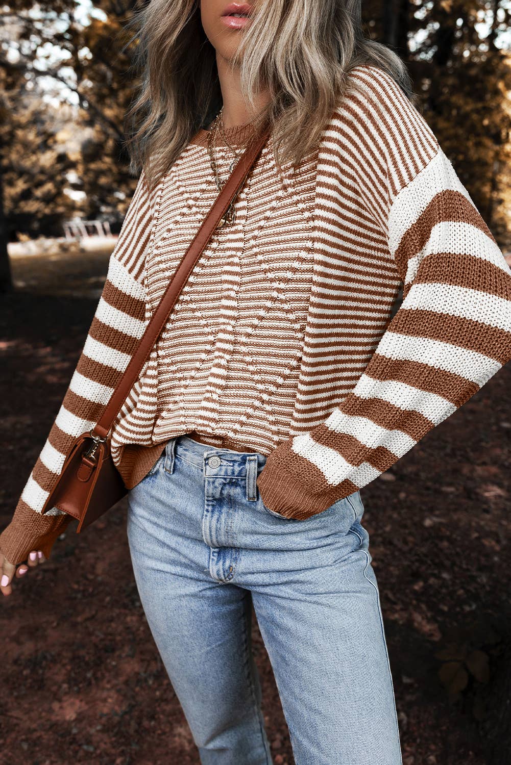 Stripe Geometric Textured Drop Shoulder Sweater