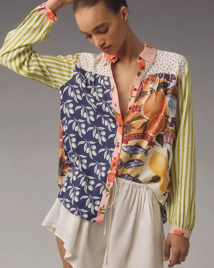 Patchwork Floral & Animal Print Button-Down Shirt