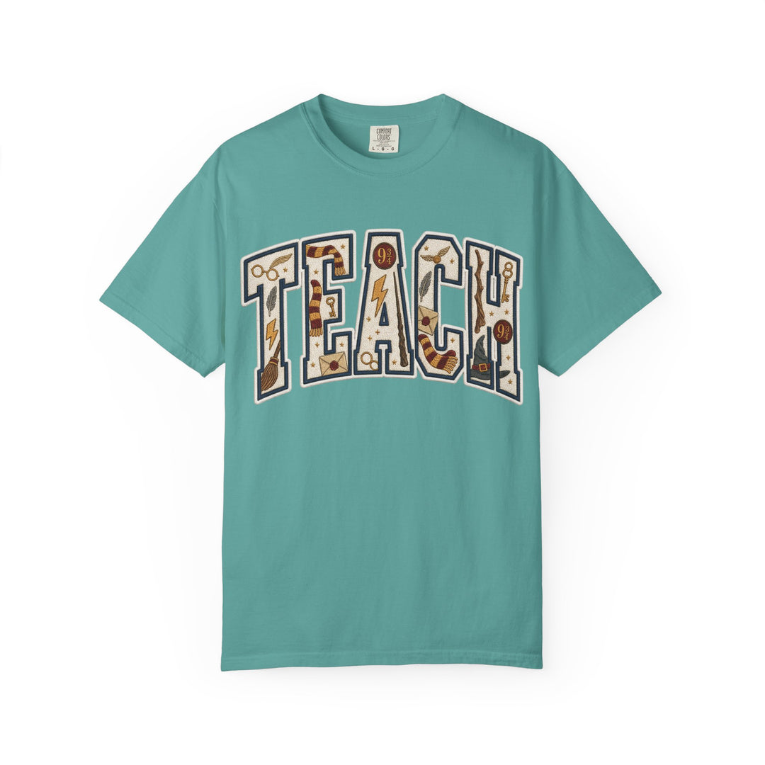 Teach Graphic T-Shirt — School-Themed Teacher Tee with Chalkboard Doodle Letters