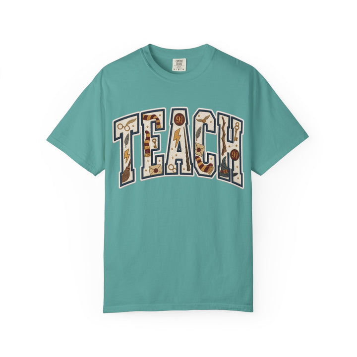 Teach Graphic T-Shirt — School-Themed Teacher Tee with Chalkboard Doodle Letters