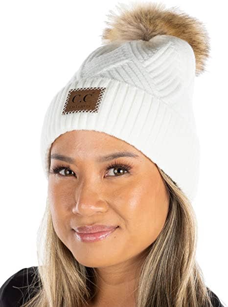 C.C Diagonal Stripe Faux Fur Beanie - White