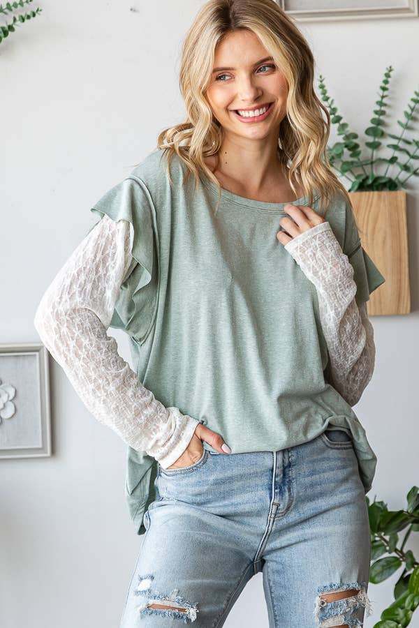 Pink ruffle shirt with lace arms