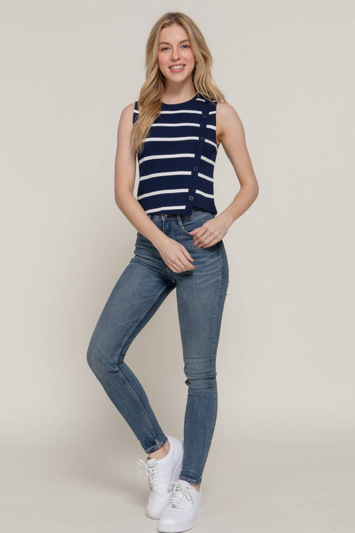 Sleeveless Diagonal Shape Placket Stripe Spring Sweater