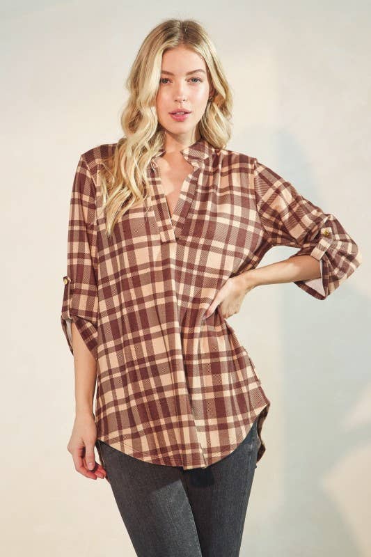 Button Sleeve Plaid Top