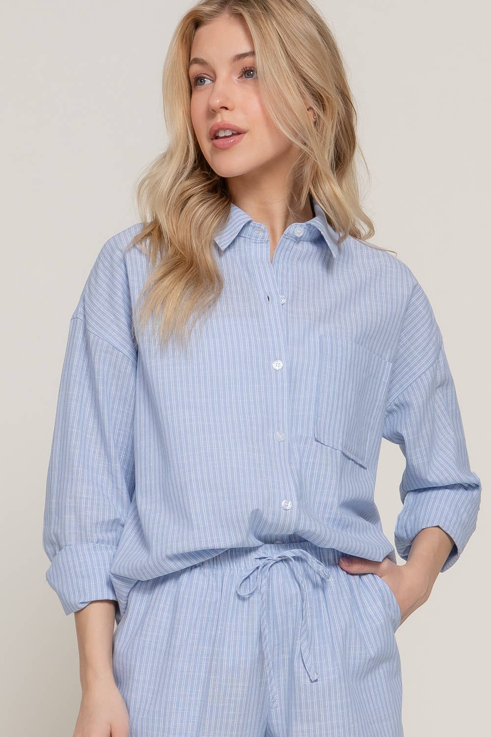 Long Sleeve Button Down Y/D Stripe Gauze Shirt