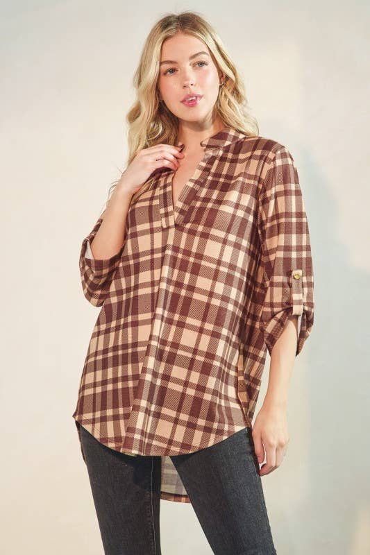 Button Sleeve Plaid Top