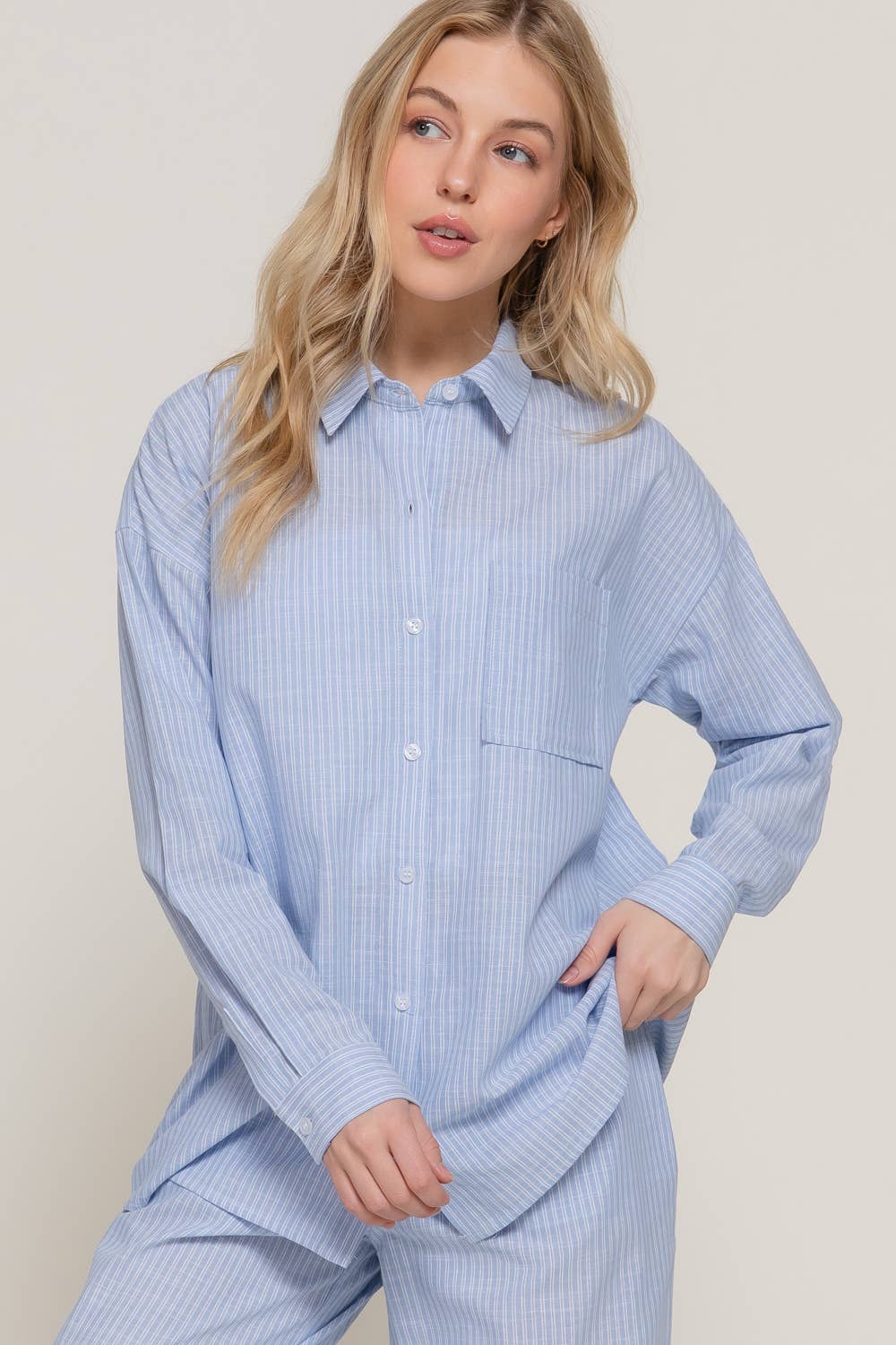 Long Sleeve Button Down Y/D Stripe Gauze Shirt