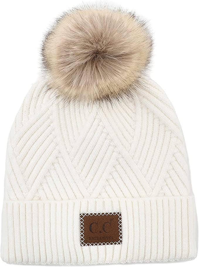 C.C Diagonal Stripe Faux Fur Beanie - White