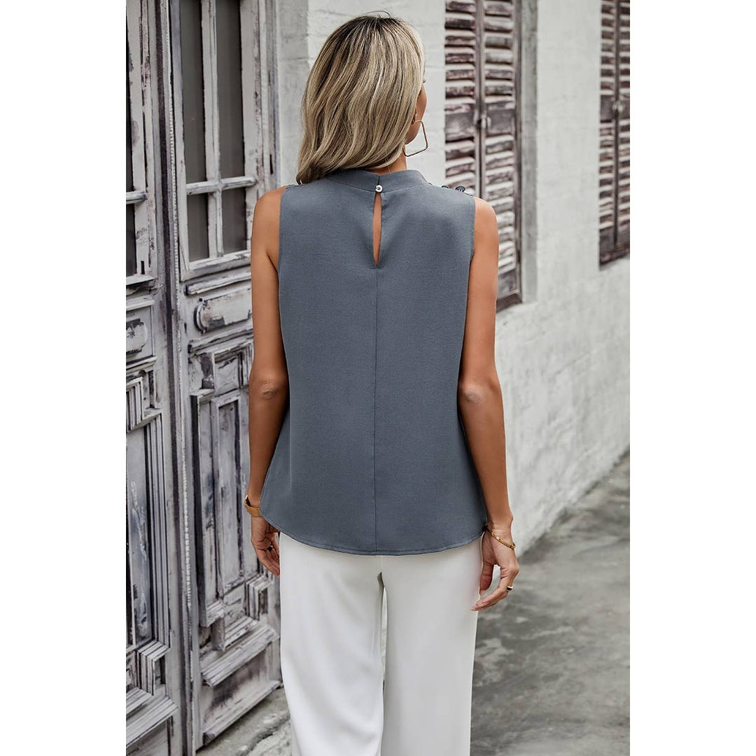 Button Trim Layered Collar Sleeveless Blouse