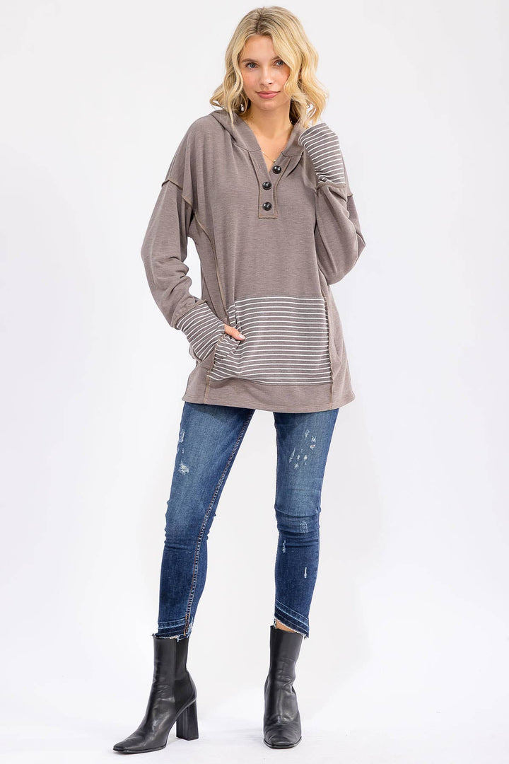 Stripe Contrast Button Hoodie