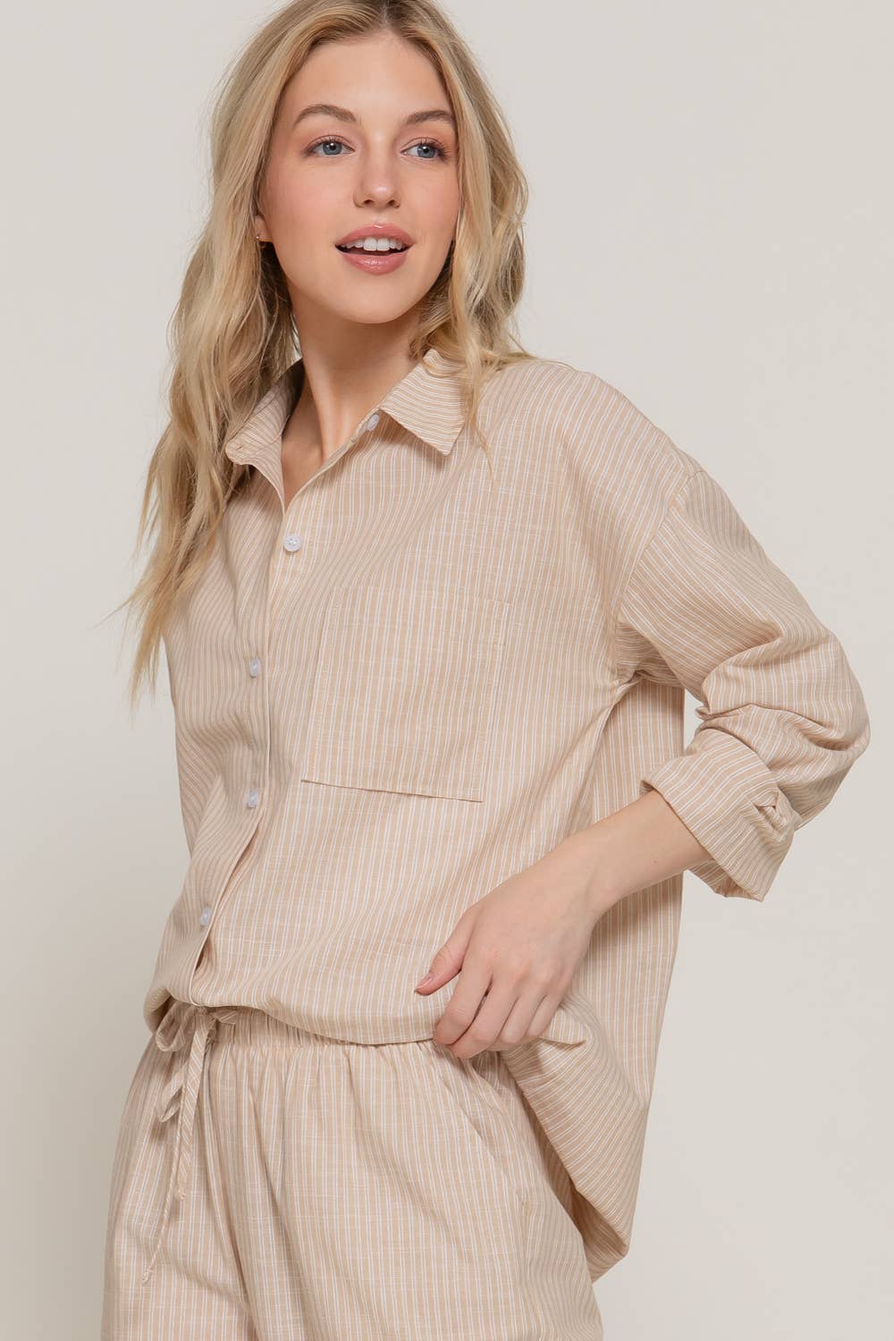 Long Sleeve Button Down Y/D Stripe Gauze Shirt