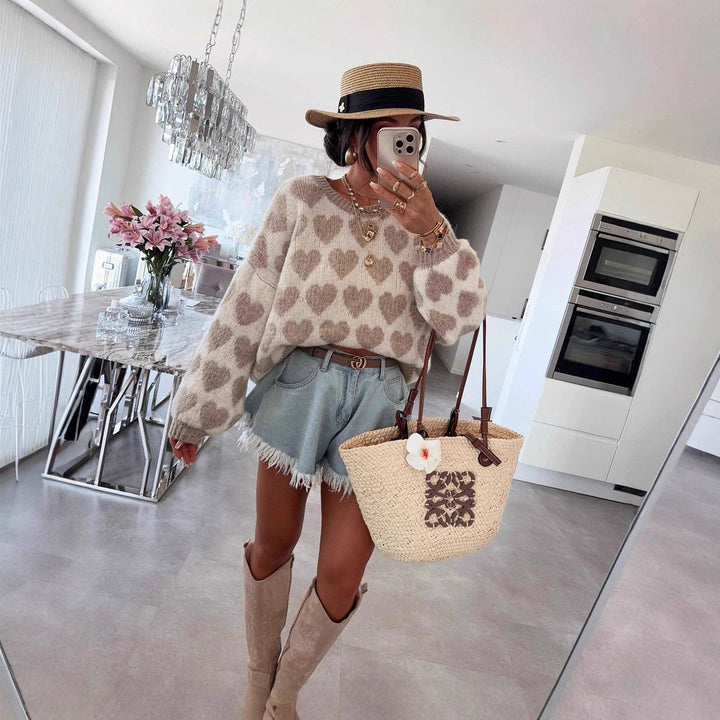 Heart Knit Round Neck Sweater