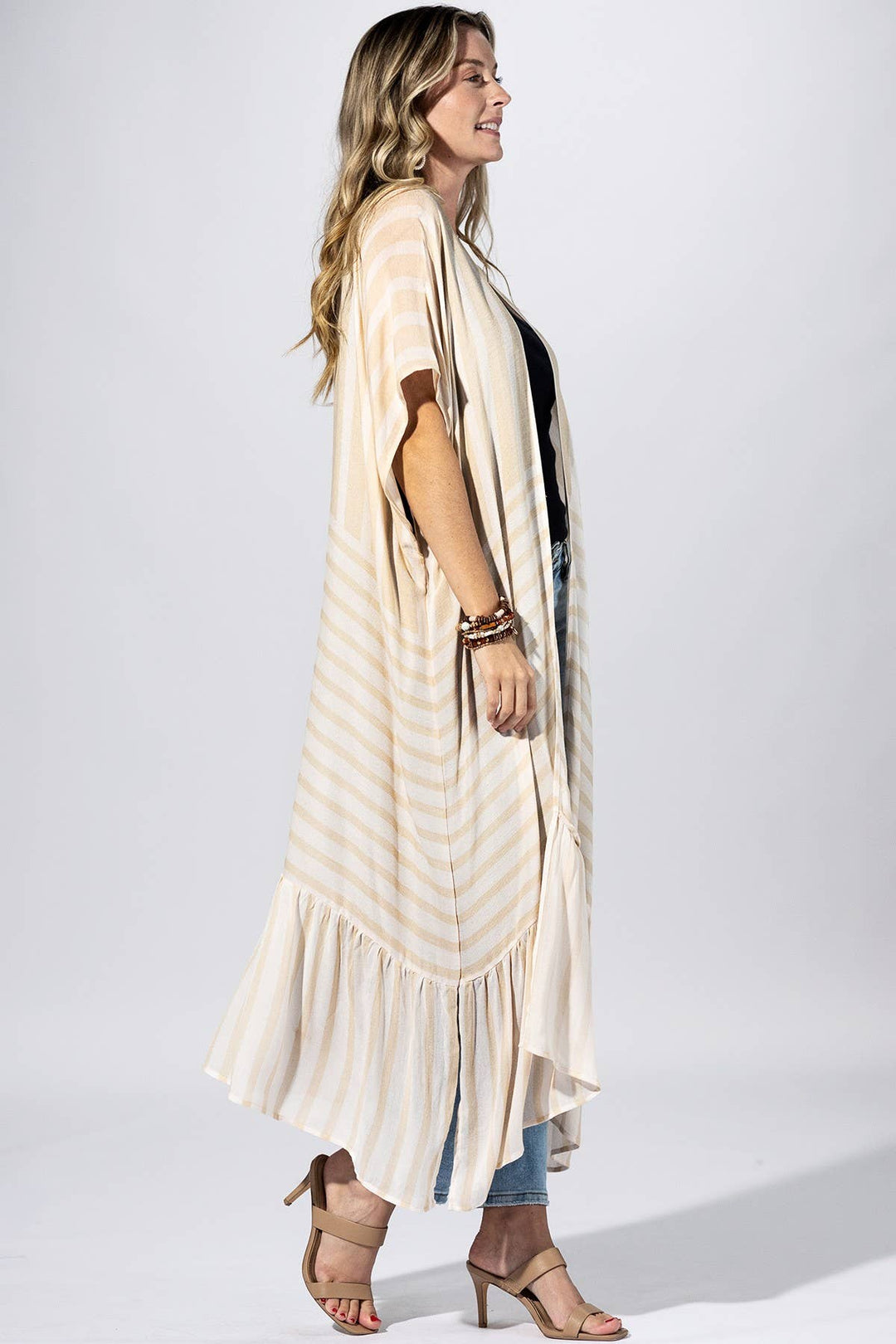 Beige Stripe Border Kimono