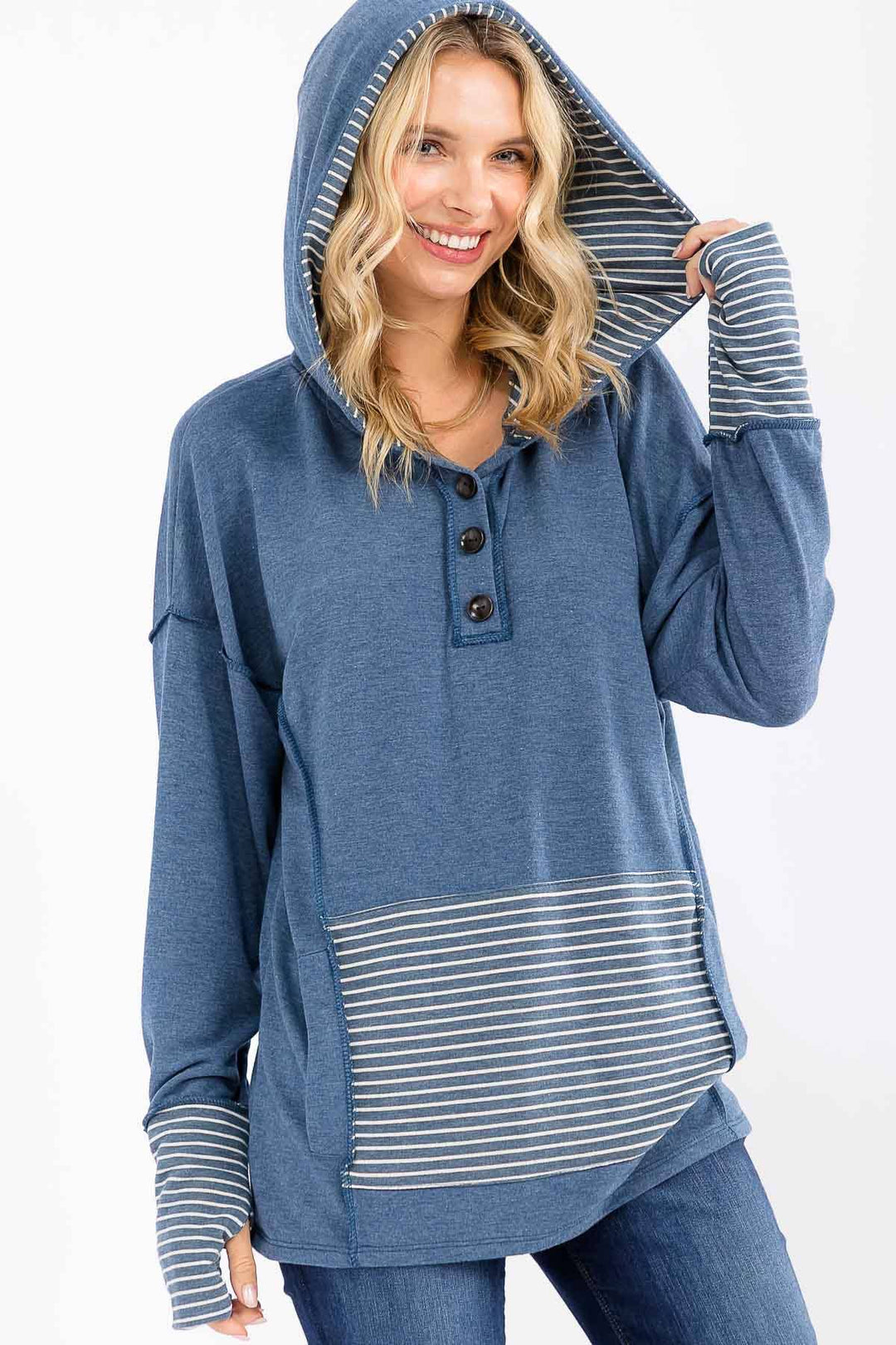 Stripe Contrast Button Hoodie