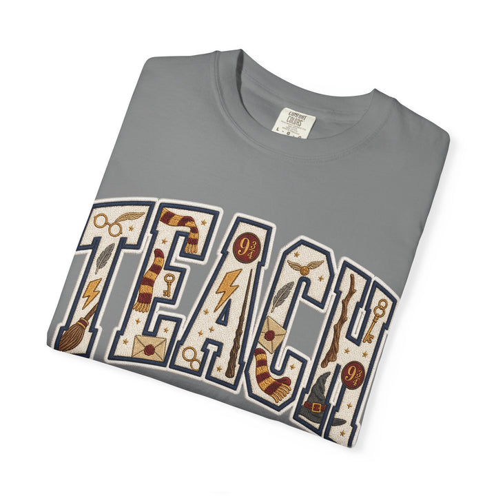 Teach Graphic T-Shirt — School-Themed Teacher Tee with Chalkboard Doodle Letters