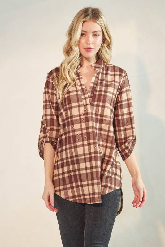 Button Sleeve Plaid Top