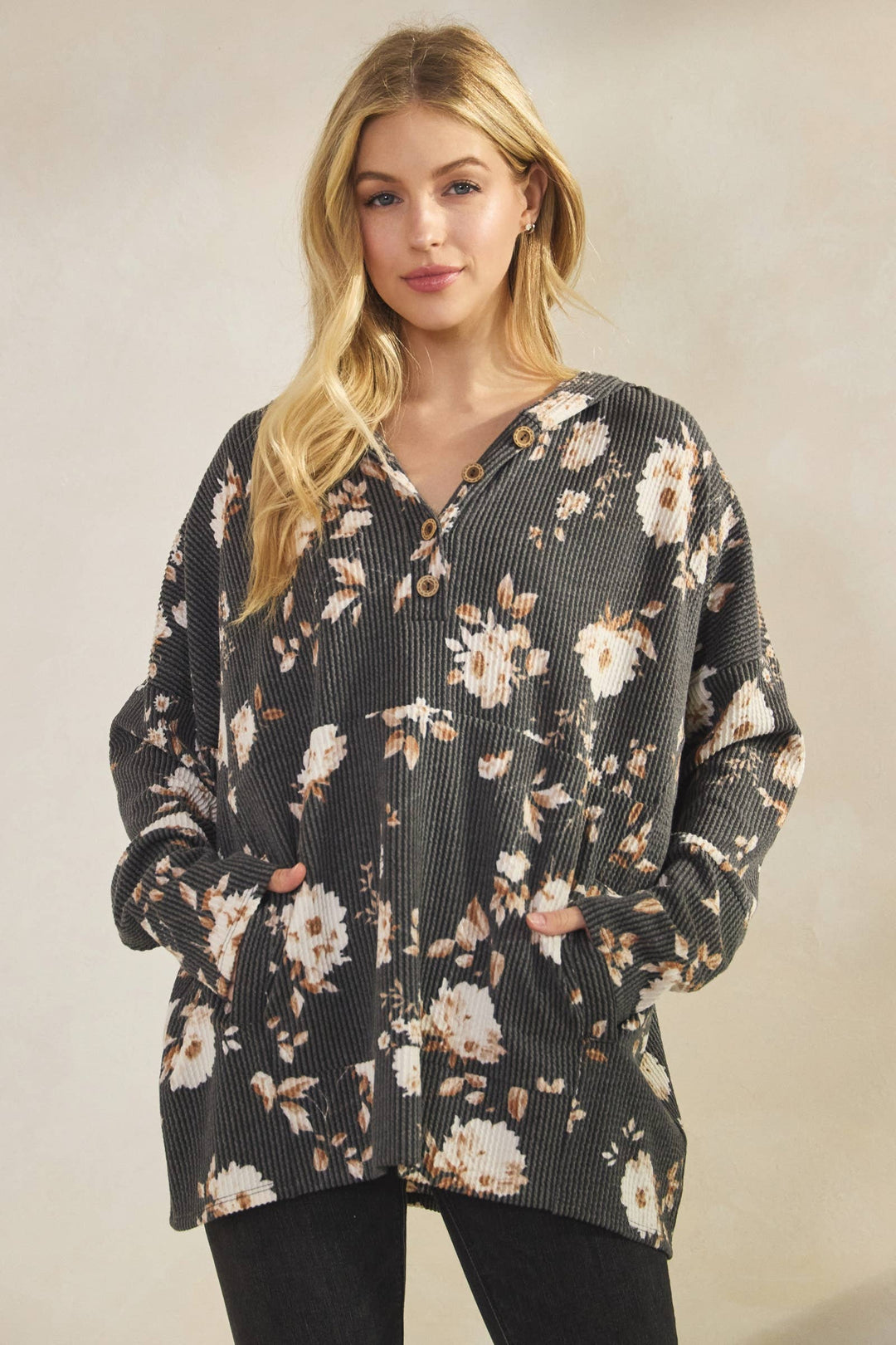 Ribbed Floral Top with hood