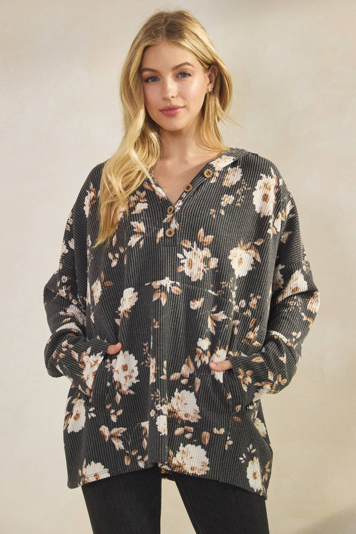 Ribbed Floral Top with hood