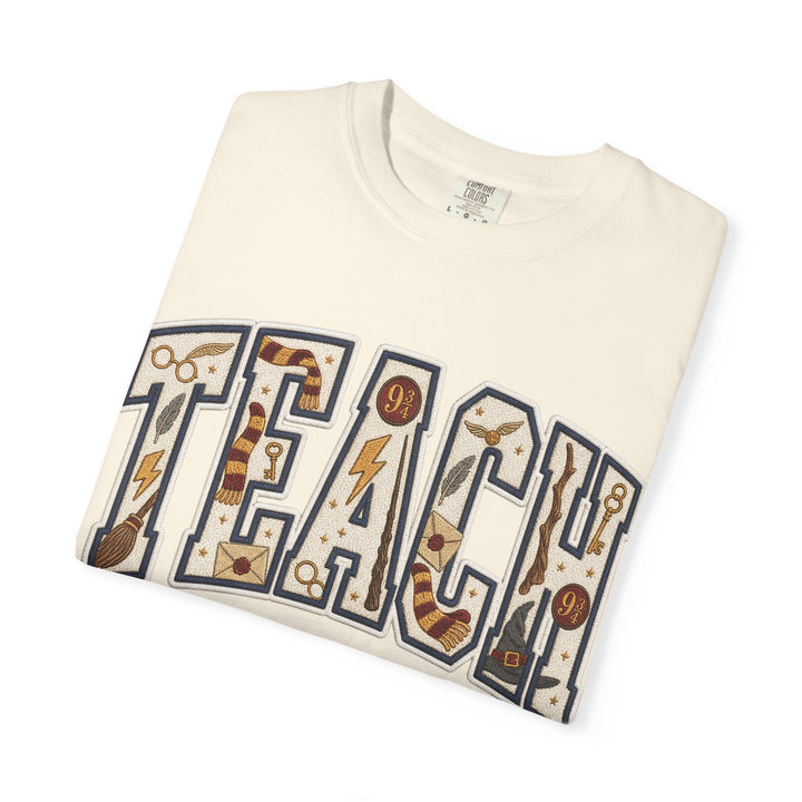 Teach Graphic T-Shirt — School-Themed Teacher Tee with Chalkboard Doodle Letters