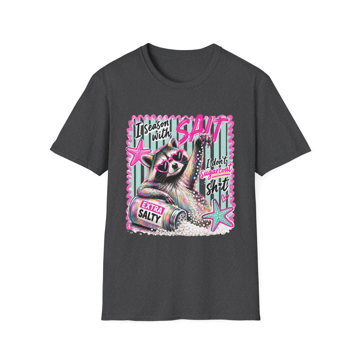 I Season With Salt Raccoon T-Shirt — Funny Beachy Graphic Tee ("I don't sugarcoat")