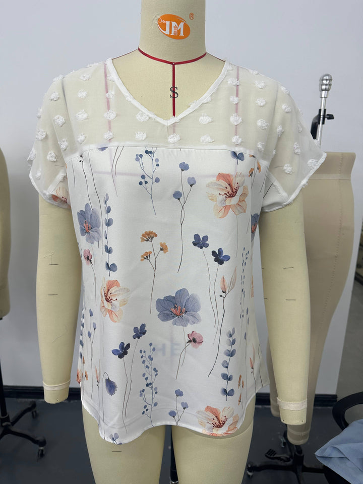 V-NECK PRINTED LACE PATCHWORK TOP