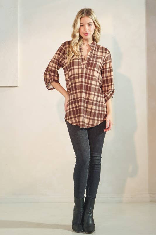 Button Sleeve Plaid Top
