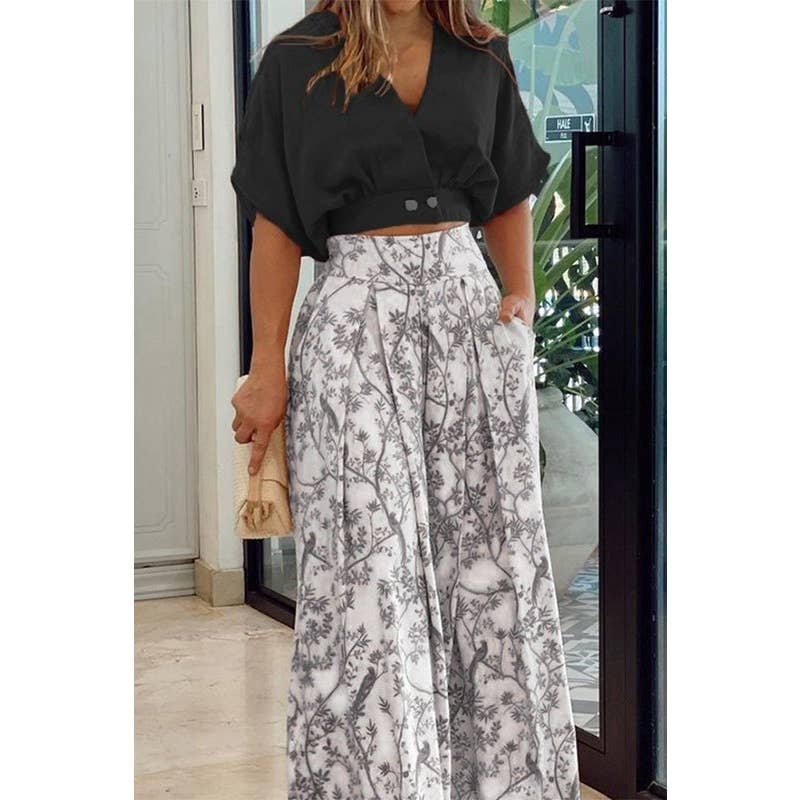 V-neck Short Shirt with Wide-Leg Pants Set