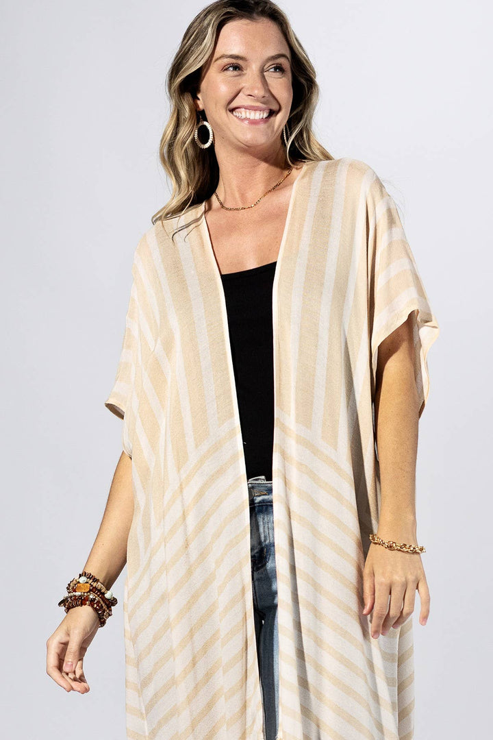 Beige Stripe Border Kimono