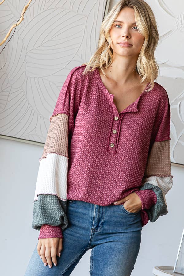 Waffle Knit Button Front Top