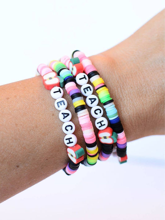 Rainbow TEACH stretch bracelet w/ apple charms teacher gift