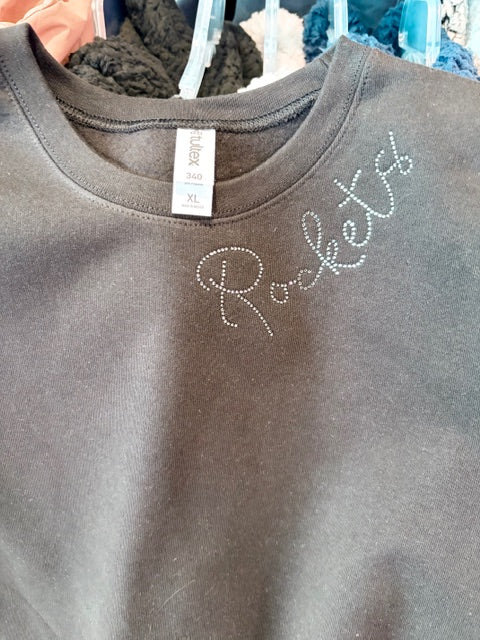 Curved rhinestone applique crewneck