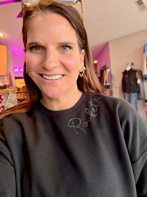 Curved rhinestone applique crewneck