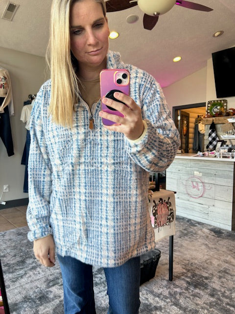 Blue and Cream Plaid 3/4 Zip Pullover