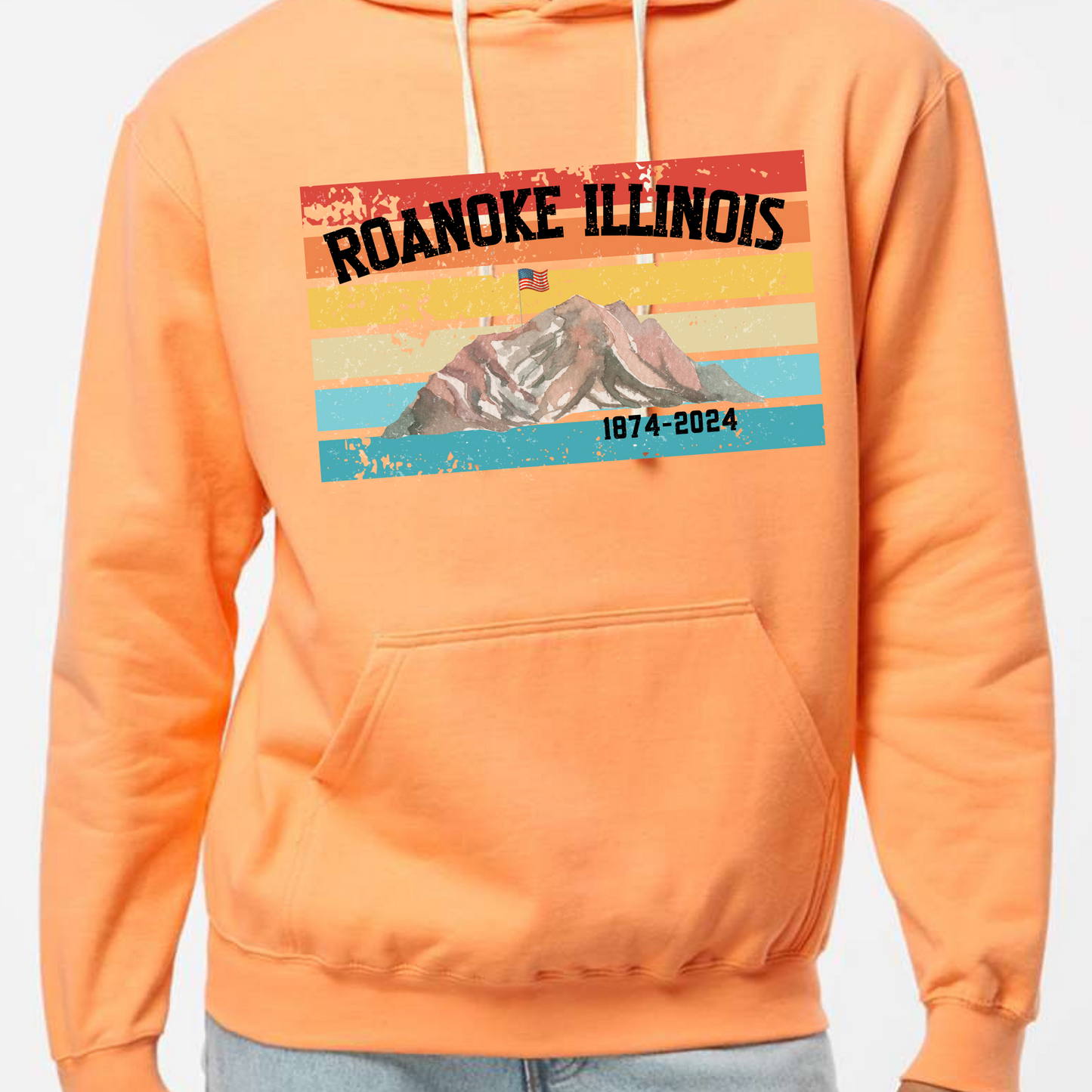 Roanoke  IL 150th year Celebration Hooded Sweatshirt Retro color Style