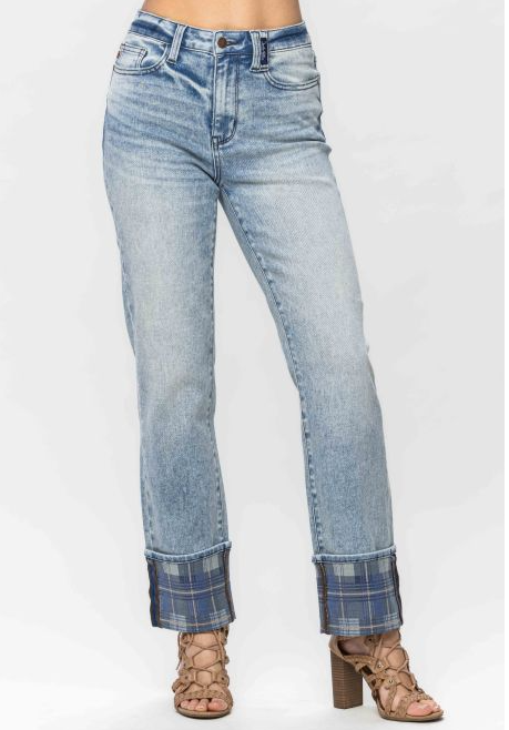 Judy Blue (88747) High Waist Vintage Plaid Cuff Jeans