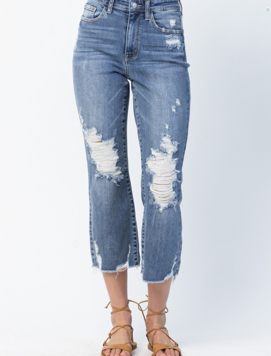 82434-Release Hem High Waist Ankle Straight Jeans