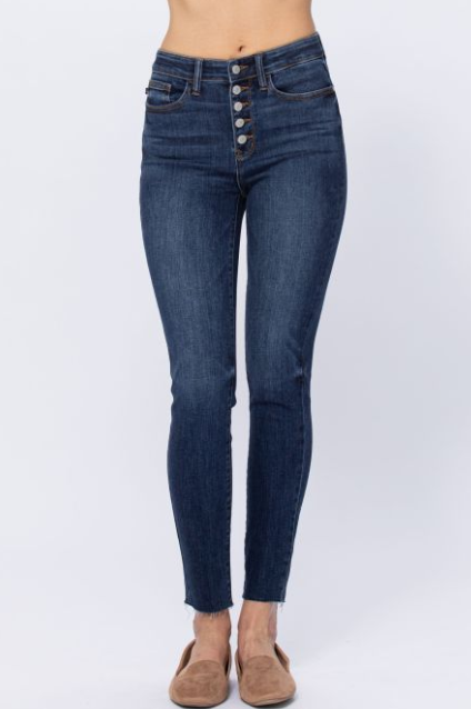 PLUS SIZE Judy Blue (82318) Hi-Rise Button Fly Raw Hem Skinny Jeans