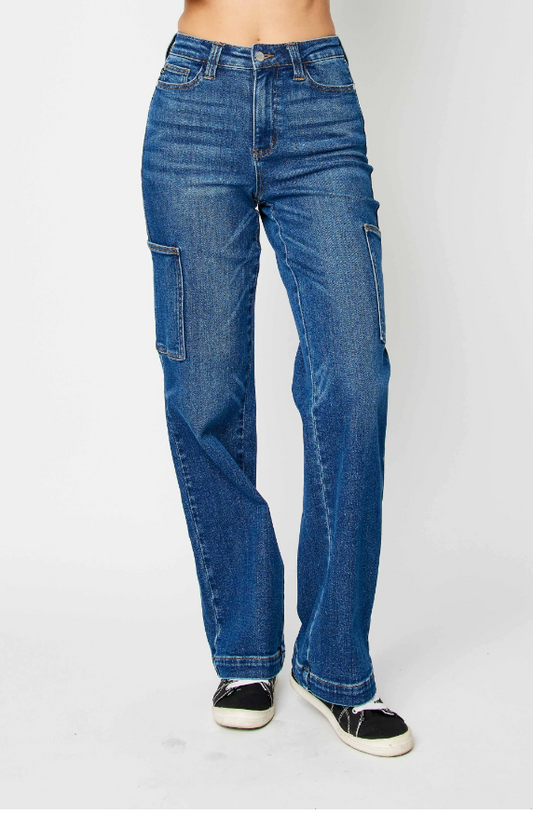 Judy Blue high-waisted cargo wide-leg jeans. Dark Wash. NO Distressing. 88725